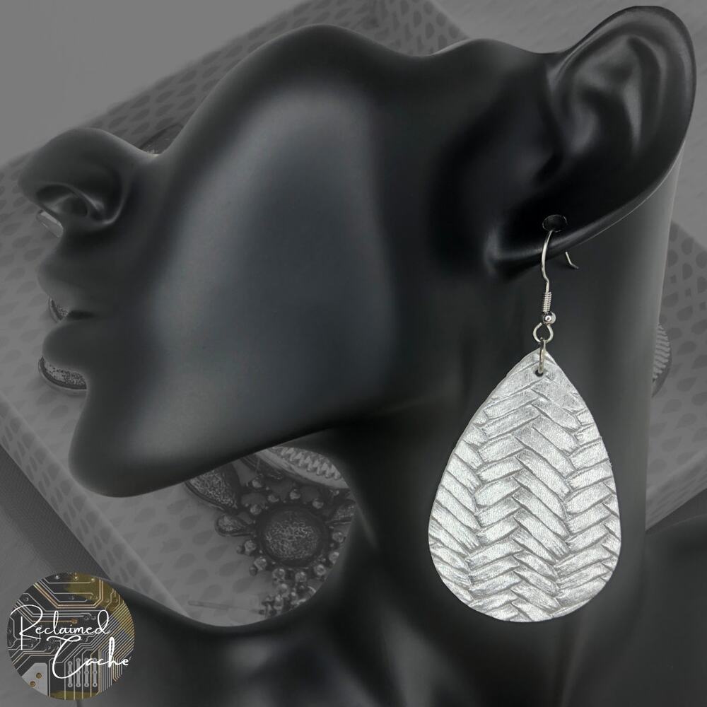 Silver Faux Leather Teardrop Earrings